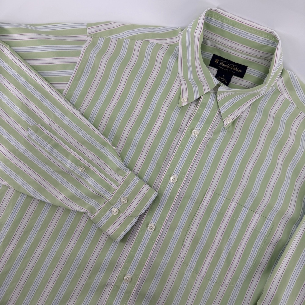 Brooks Brothers Button Down Shirt Mens Medium Green Striped Non-Iron Long Sleeve